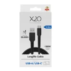 X2O Longlife 60 W USB-A/C-kaapeli 2 m musta